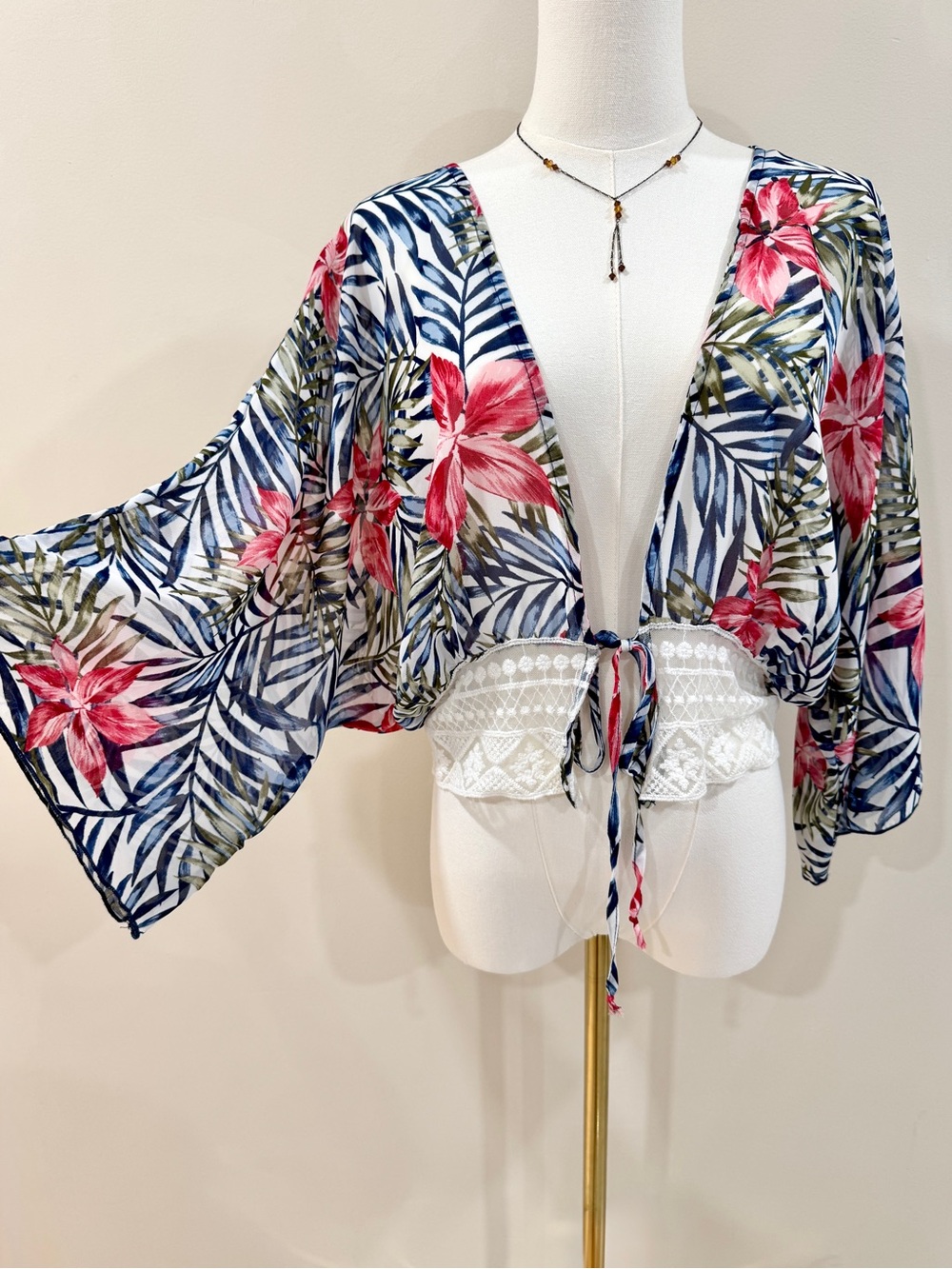 Tropical Hibiscus Kimono Lace Tie Front Top XL Y2K Boho Resort